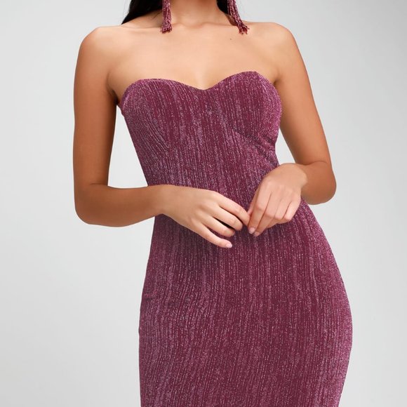 Lulus Night Drive Plum Purple Sparkly Strapless Bodycon Dress. Size Small. - Picture 2 of 6